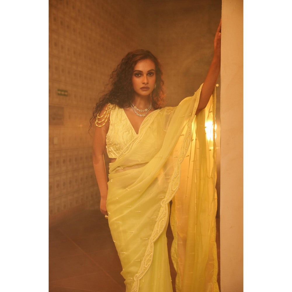 Midushi Bajoria Yellow Tt Heavy Embellished Saree with Stitched Blouse