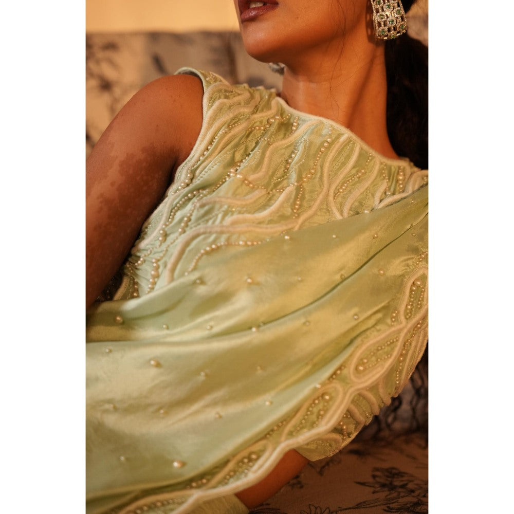 Midushi Bajoria Green Tt Drape Skirt with Blouse and De-Attached Dupatta (Set of 3)