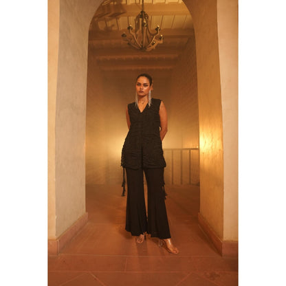 Midushi Bajoria Black Tt Open Jacket with Sharara (Set of 2)