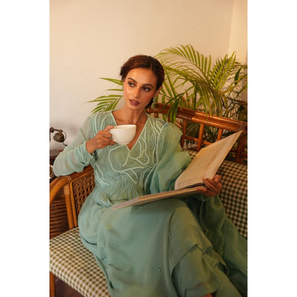 Midushi Bajoria Green Tt Anarkali with Pant and Dupatta (Set of 3)