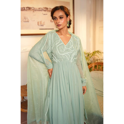 Midushi Bajoria Green Tt Anarkali with Pant and Dupatta (Set of 3)