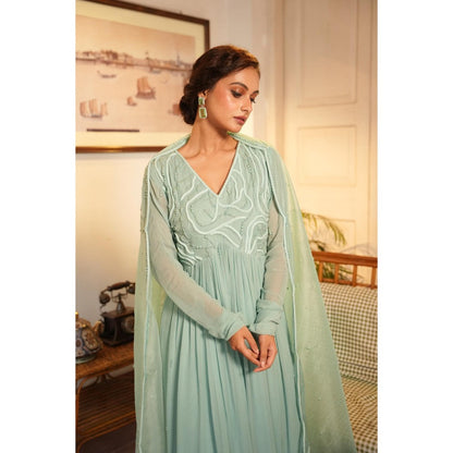 Midushi Bajoria Green Tt Anarkali with Pant and Dupatta (Set of 3)