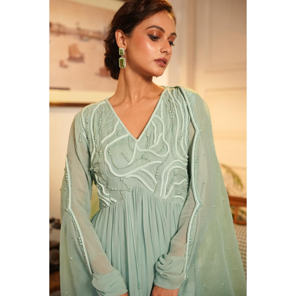 Midushi Bajoria Green Tt Anarkali with Pant and Dupatta (Set of 3)