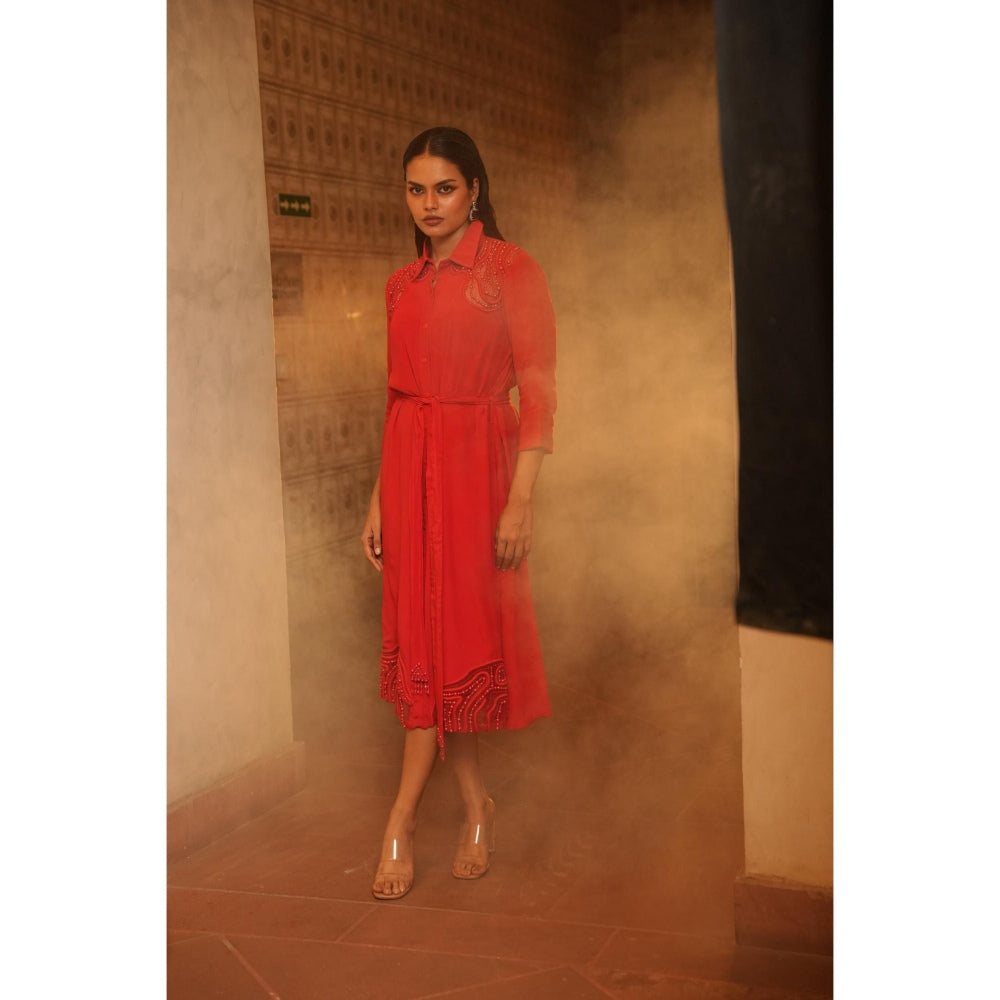 Midushi Bajoria Red Tt Midi Shirt Dress with Belt (Set of 2)
