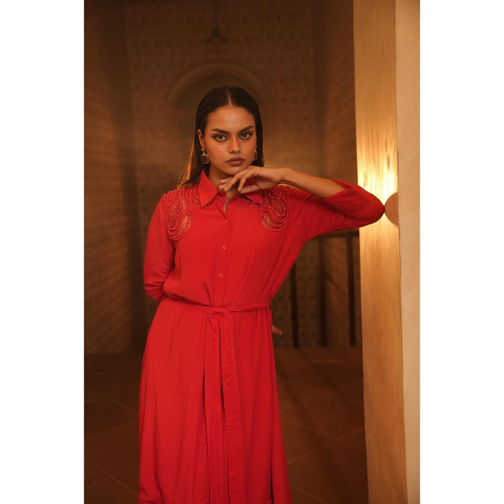 Midushi Bajoria Red Tt Midi Shirt Dress with Belt (Set of 2)