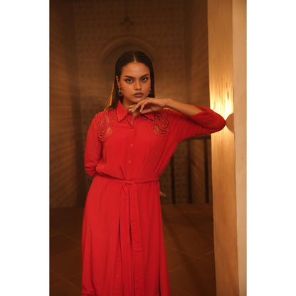 Midushi Bajoria Red Tt Midi Shirt Dress with Belt (Set of 2)