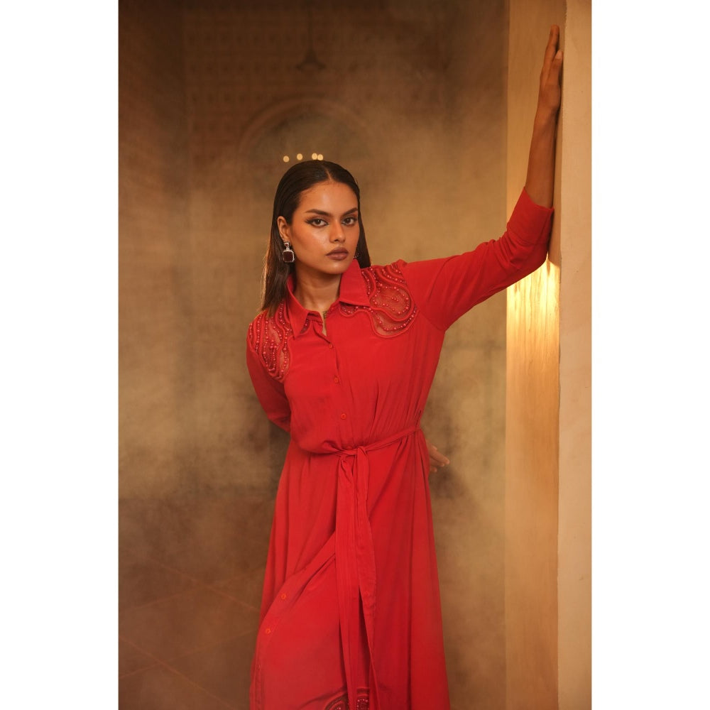Midushi Bajoria Red Tt Midi Shirt Dress with Belt (Set of 2)