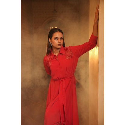 Midushi Bajoria Red Tt Midi Shirt Dress with Belt (Set of 2)