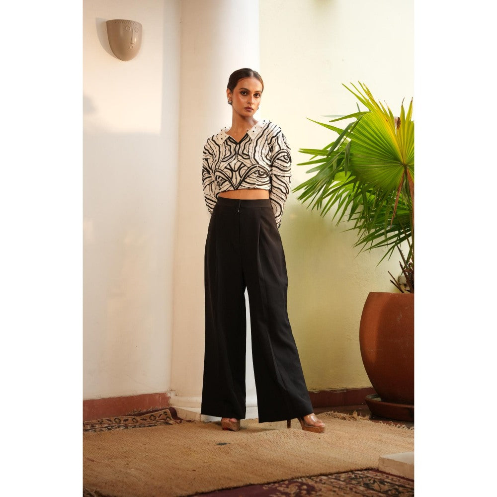 Midushi Bajoria Tt White with Black Pearl Crop Top with Pant (Set of 2)