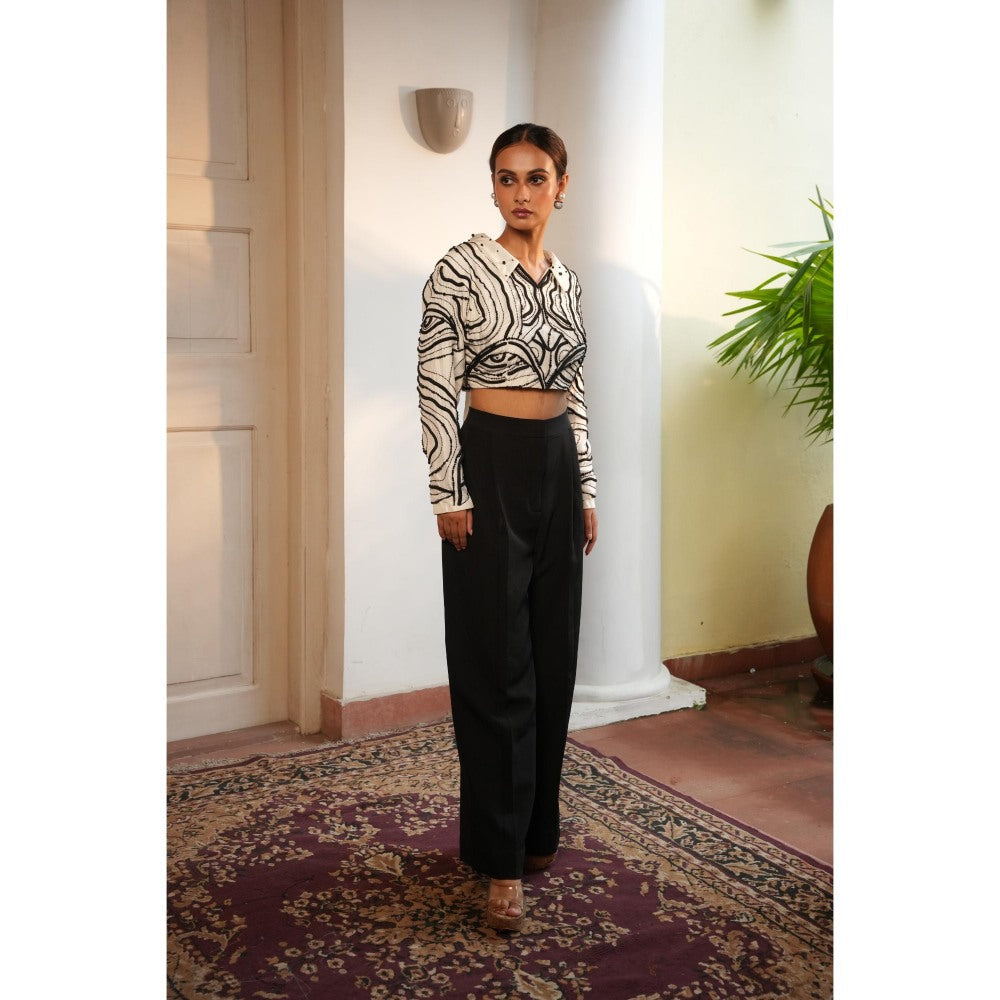 Midushi Bajoria Tt White with Black Pearl Crop Top with Pant (Set of 2)