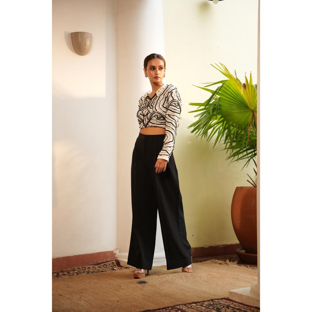 Midushi Bajoria Tt White with Black Pearl Crop Top with Pant (Set of 2)