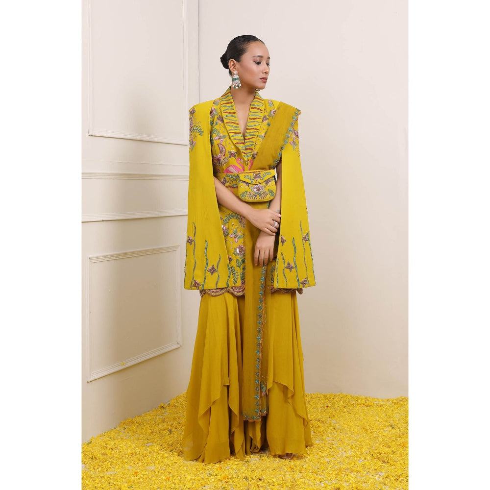 Miku Kumar Yellow Ayra Jacket with Sharara, Dupatta, Belt and Pouch (Set of 5)