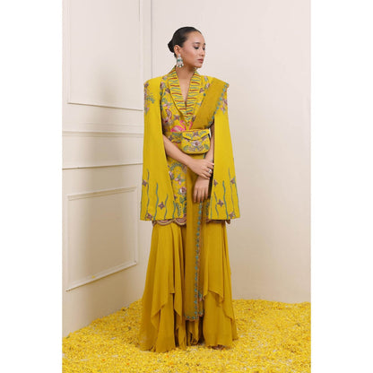 Miku Kumar Yellow Ayra Jacket with Sharara, Dupatta, Belt and Pouch (Set of 5)