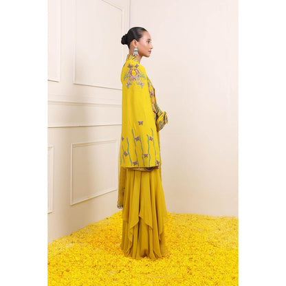 Miku Kumar Yellow Ayra Jacket with Sharara, Dupatta, Belt and Pouch (Set of 5)