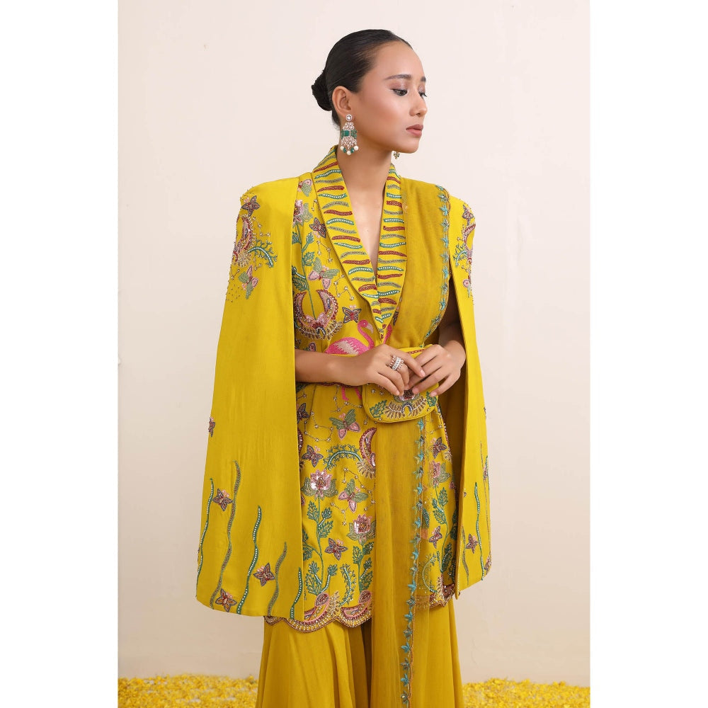 Miku Kumar Yellow Ayra Jacket with Sharara, Dupatta, Belt and Pouch (Set of 5)