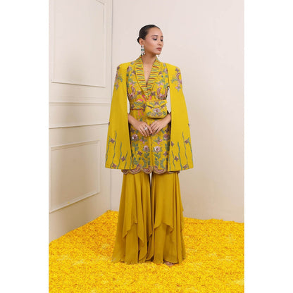 Miku Kumar Yellow Ayra Jacket with Sharara, Dupatta, Belt and Pouch (Set of 5)
