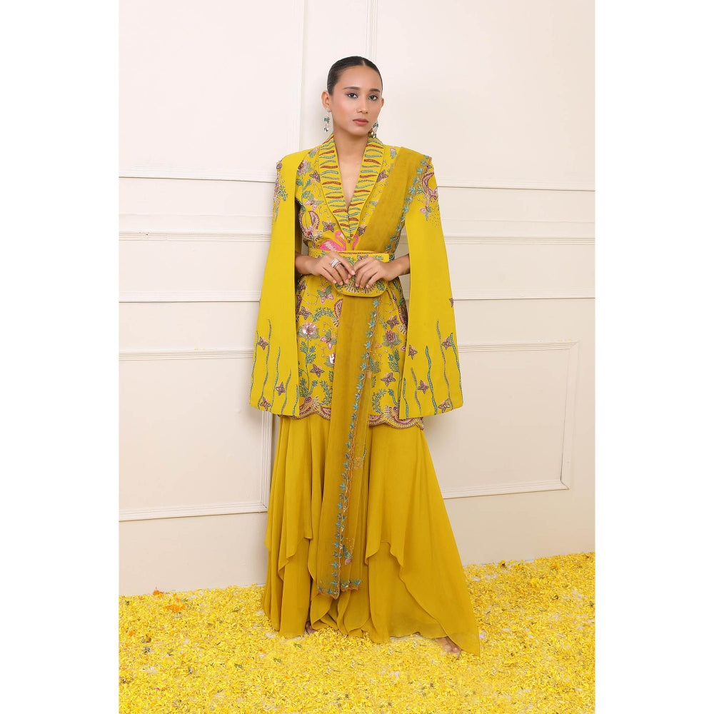 Miku Kumar Yellow Ayra Jacket with Sharara, Dupatta, Belt and Pouch (Set of 5)