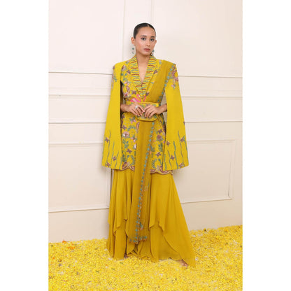 Miku Kumar Yellow Ayra Jacket with Sharara, Dupatta, Belt and Pouch (Set of 5)