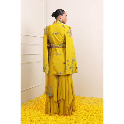 Miku Kumar Yellow Ayra Jacket with Sharara, Dupatta, Belt and Pouch (Set of 5)