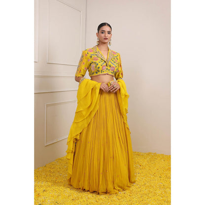 Miku Kumar Yellow Raha Skirt with Blouse, Dupatta, Belt and Pouch (Set of 5)