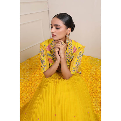 Miku Kumar Yellow Raha Skirt with Blouse, Dupatta, Belt and Pouch (Set of 5)