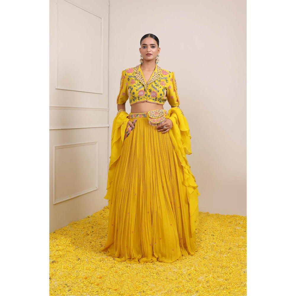 Miku Kumar Yellow Raha Skirt with Blouse, Dupatta, Belt and Pouch (Set of 5)