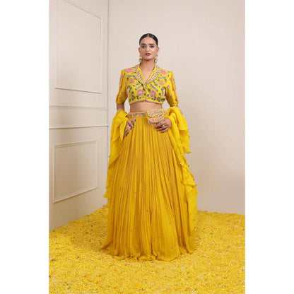 Miku Kumar Yellow Raha Skirt with Blouse, Dupatta, Belt and Pouch (Set of 5)