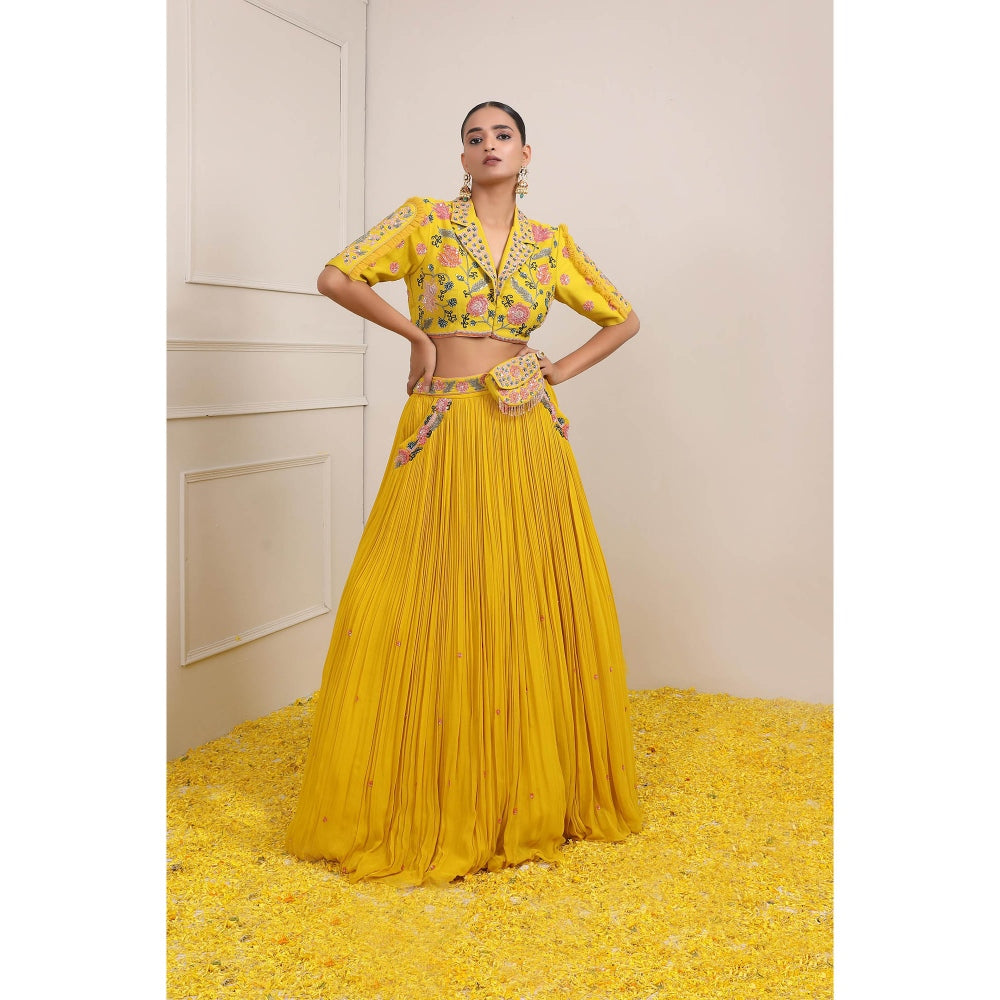 Miku Kumar Yellow Raha Skirt with Blouse, Dupatta, Belt and Pouch (Set of 5)