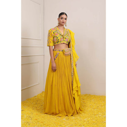 Miku Kumar Yellow Raha Skirt with Blouse, Dupatta, Belt and Pouch (Set of 5)