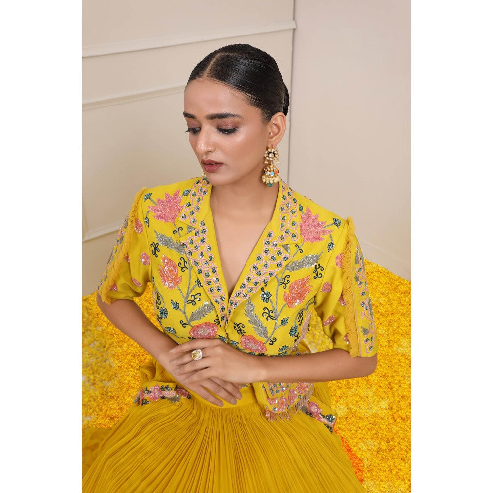 Miku Kumar Yellow Raha Skirt with Blouse, Dupatta, Belt and Pouch (Set of 5)