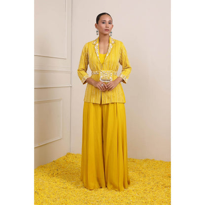 Miku Kumar Yellow Afra Bustier with Jacket, Palazzo, Belt and Pouch (Set of 5)