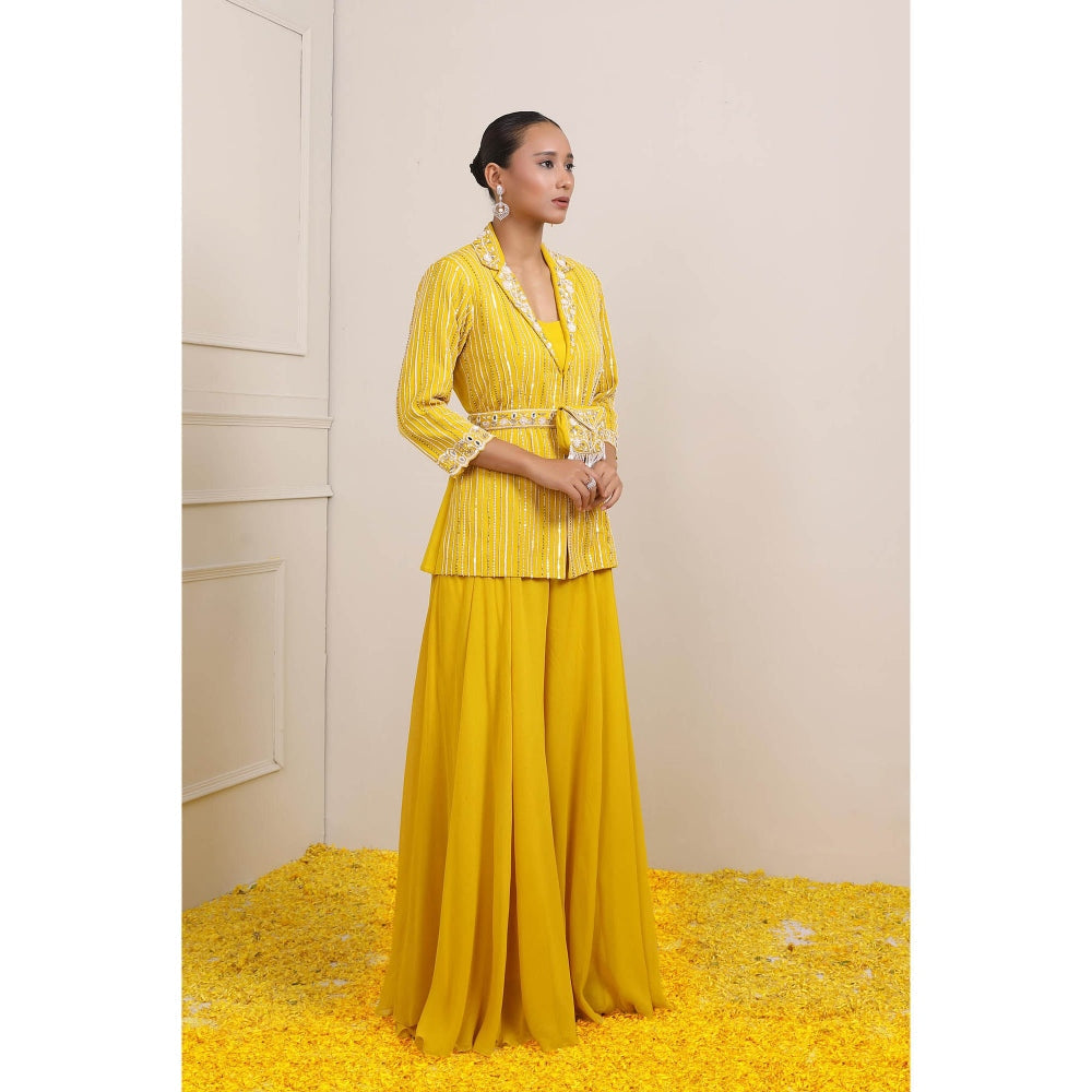 Miku Kumar Yellow Afra Bustier with Jacket, Palazzo, Belt and Pouch (Set of 5)