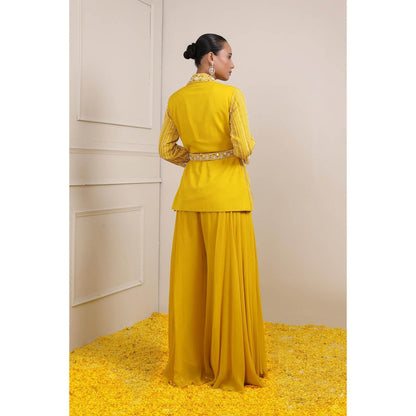 Miku Kumar Yellow Afra Bustier with Jacket, Palazzo, Belt and Pouch (Set of 5)