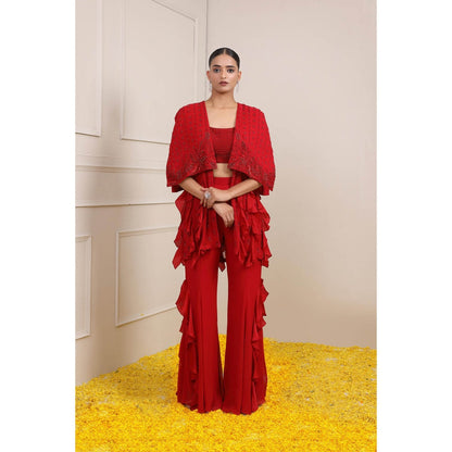 Miku Kumar Red Amina Ruffled Cape with Bustier and Palazzo (Set of 3)