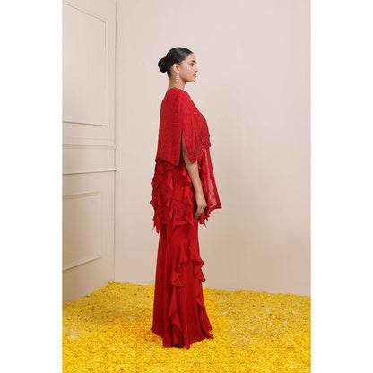Miku Kumar Red Amina Ruffled Cape with Bustier and Palazzo (Set of 3)