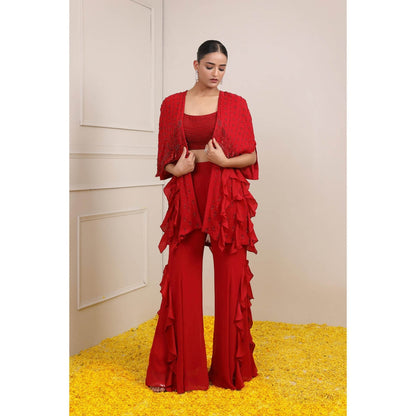 Miku Kumar Red Amina Ruffled Cape with Bustier and Palazzo (Set of 3)