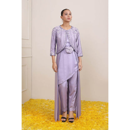 Miku Kumar Lavender Rafia Jacket with Long Inner, Pant, Belt and Pouch (Set of 5)