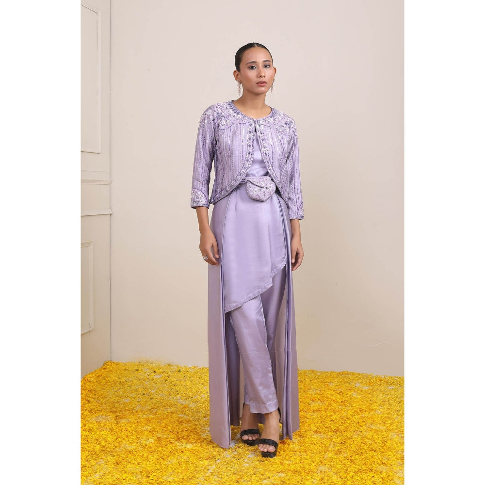 Miku Kumar Lavender Rafia Jacket with Long Inner, Pant, Belt and Pouch (Set of 5)