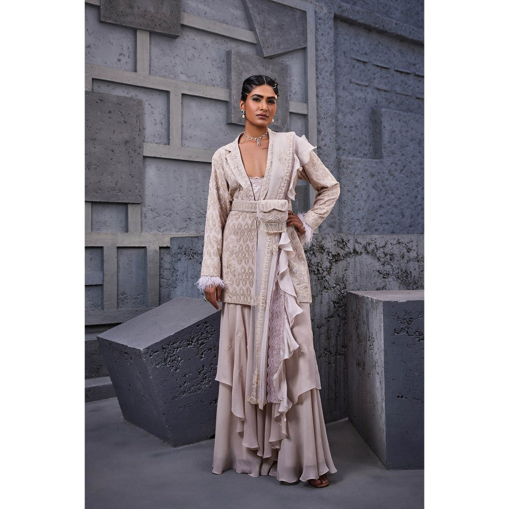 Miku Kumar Ivory Amyra Jacket with Inner, Sharara, Dupatta, Belt and Bag (Set of 6)