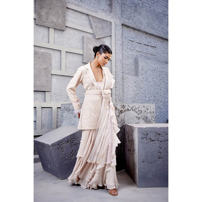 Miku Kumar Ivory Amyra Jacket with Inner, Sharara, Dupatta, Belt and Bag (Set of 6)