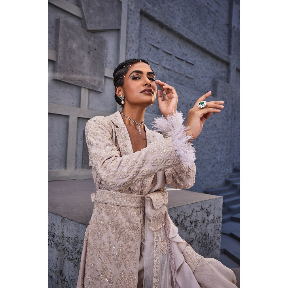 Miku Kumar Ivory Amyra Jacket with Inner, Sharara, Dupatta, Belt and Bag (Set of 6)