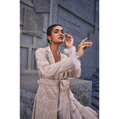 Miku Kumar Ivory Amyra Jacket with Inner, Sharara, Dupatta, Belt and Bag (Set of 6)