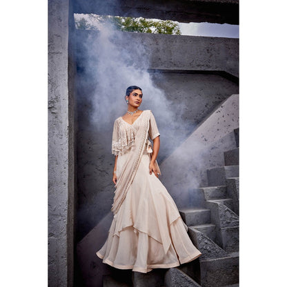 Miku Kumar Beige Ayat Blouse with Drape Lehenga (Set of 2)