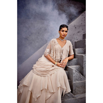 Miku Kumar Beige Ayat Blouse with Drape Lehenga (Set of 2)