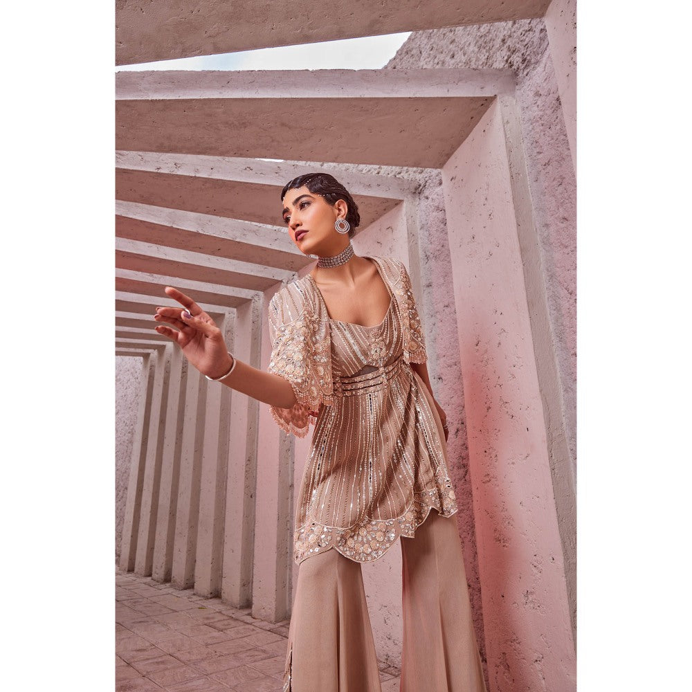 Miku Kumar Pink Sitara Indo Western Tunic with Sharara and Cape (Set of 3)