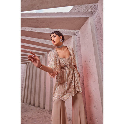 Miku Kumar Pink Sitara Indo Western Tunic with Sharara and Cape (Set of 3)