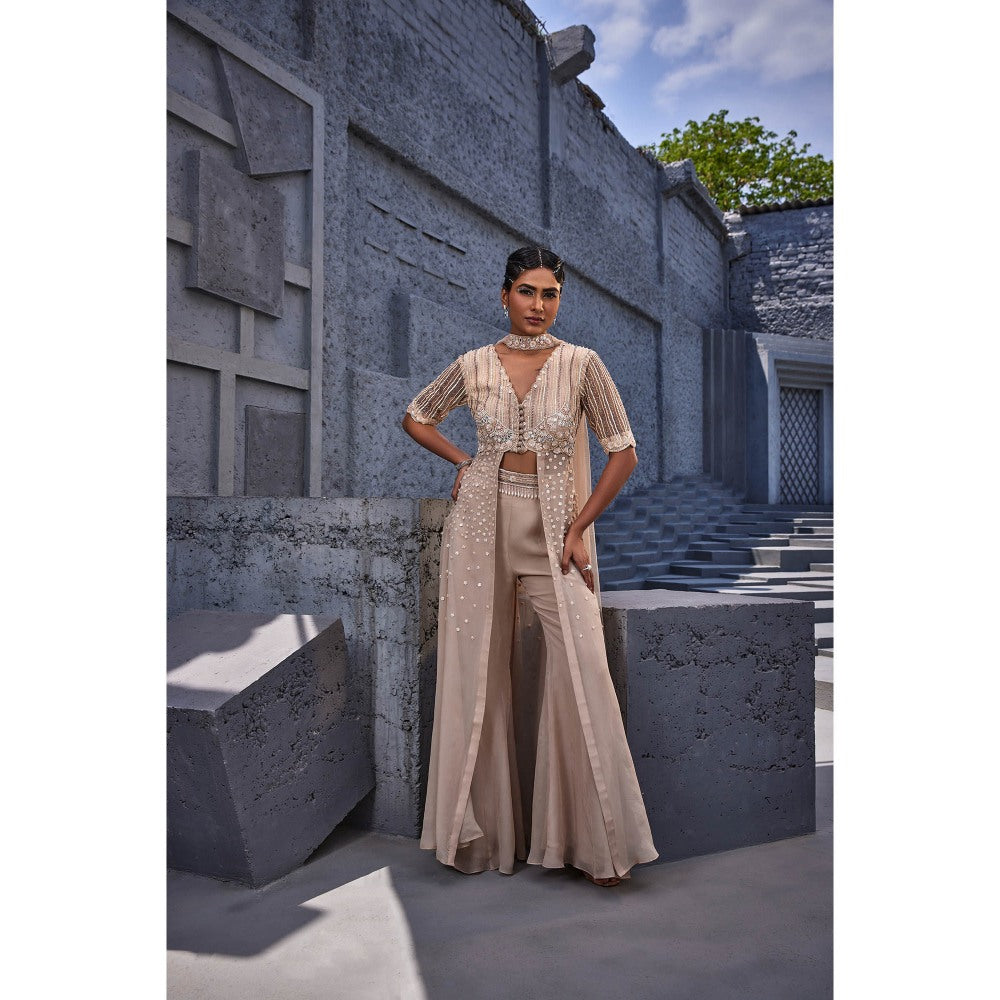 Miku Kumar Beige Azra Embroidered Palazzo with Kurta and Dupatta (Set of 3)