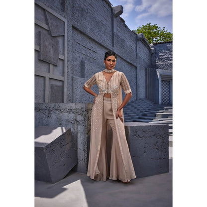 Miku Kumar Beige Azra Embroidered Palazzo with Kurta and Dupatta (Set of 3)