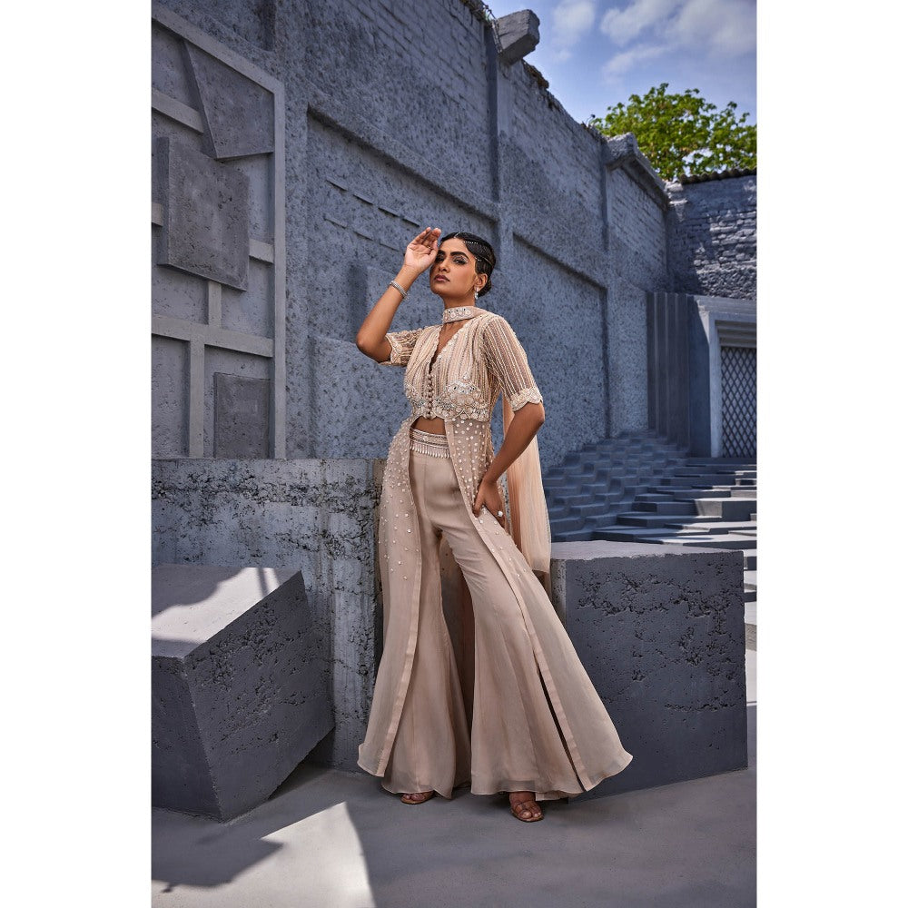 Miku Kumar Beige Azra Embroidered Palazzo with Kurta and Dupatta (Set of 3)