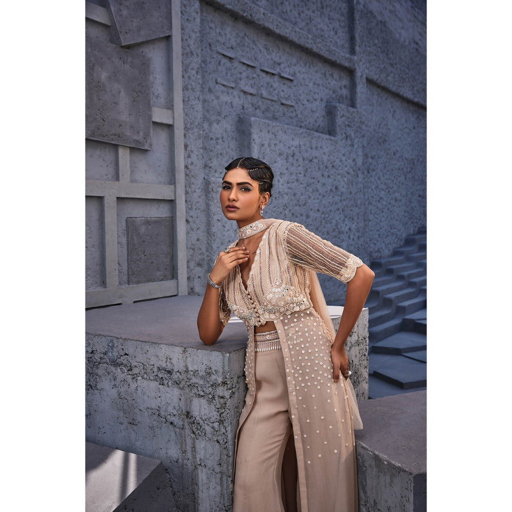 Miku Kumar Beige Azra Embroidered Palazzo with Kurta and Dupatta (Set of 3)